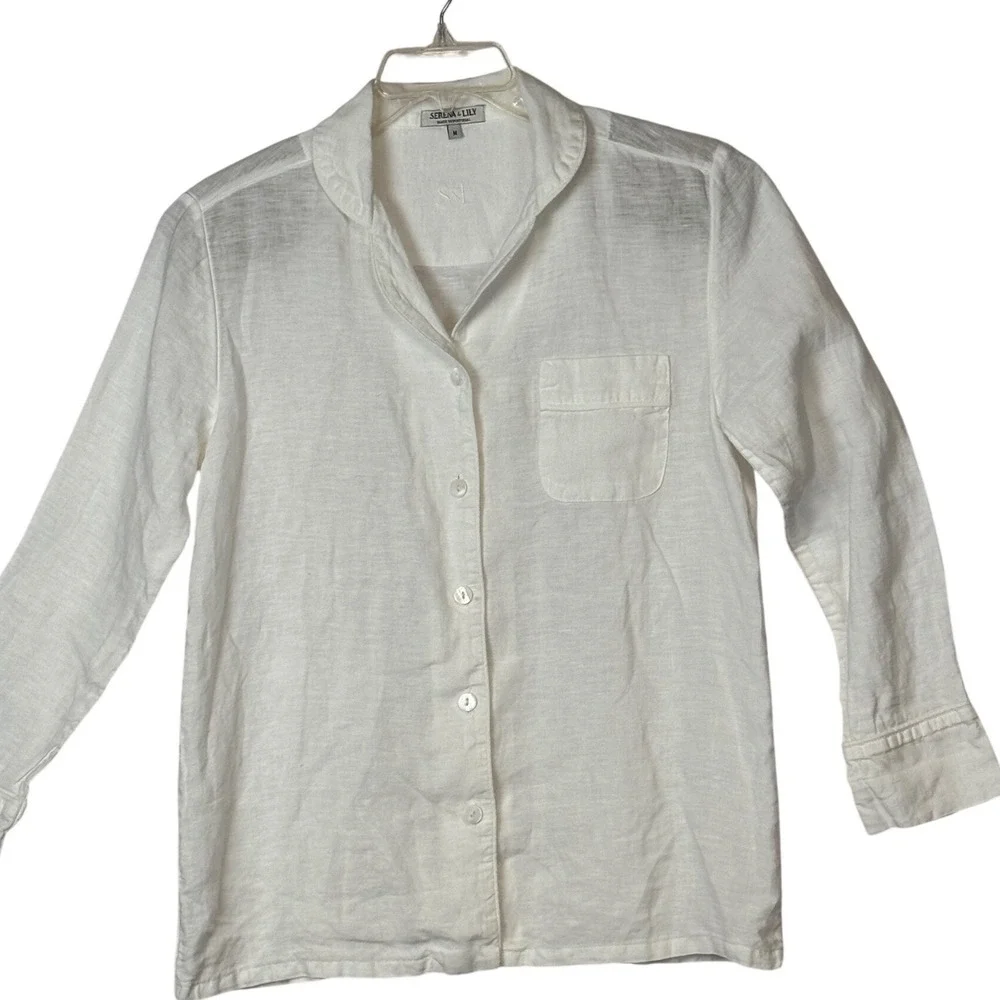Serena Lily‎ White Linen Pajama Shirt Top Button Front Long Sleeve Size Medium